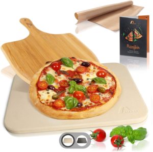 Amazy Pierre à pizza avec pelle à pizza, papier cuisson réutilisable et livret de recettes